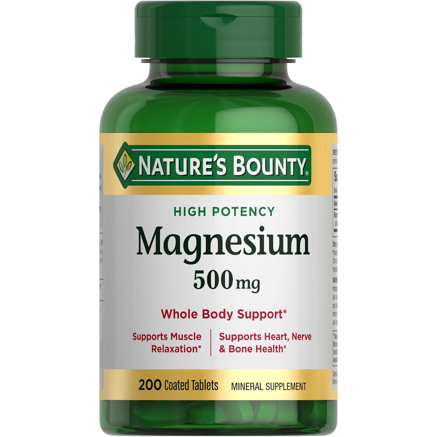 Nature's Bounty Magnesium 500 mg Tablets, High Potency Magnesium Supplement for Bone & Muscle Health, Whole Body Support, 200 Count (Pack of 1)