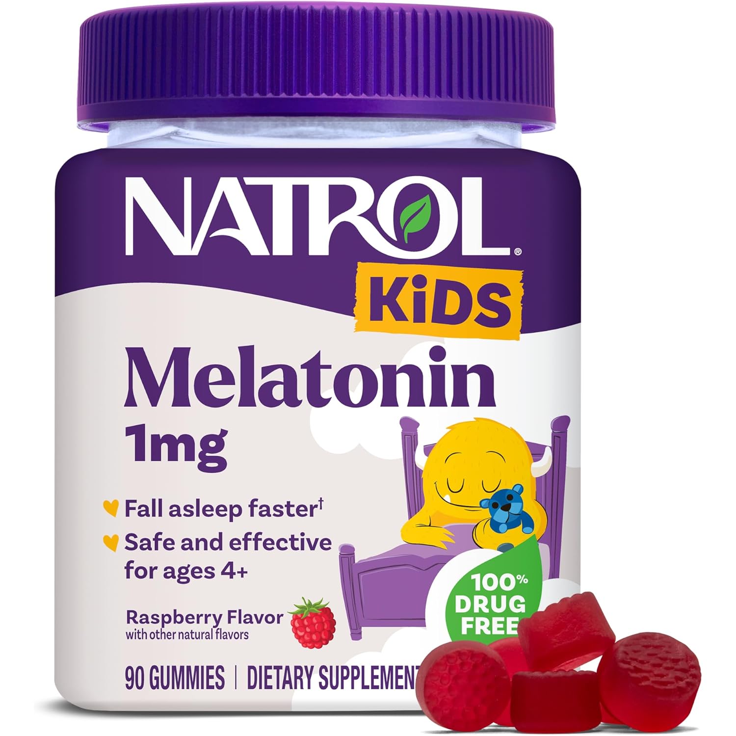Natrol Kids Melatonin Gummies 1mg, Children's Melatonin for Restful Sleep, 90 Raspberry-Flavored Sleep Gummies, 90 Day Supply