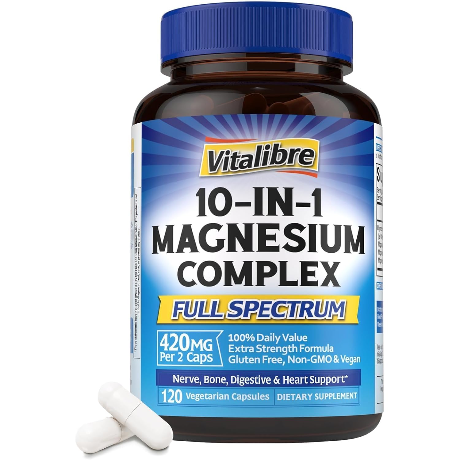 10 in 1 Magnesium Complex, 420mg Elemental Magnesium | Ultra Strength, Max Absorption | Chelated Magnesium Supplement for Nerves, Bone & Heart Health | Non-GMO, 120 Vegan Capsules