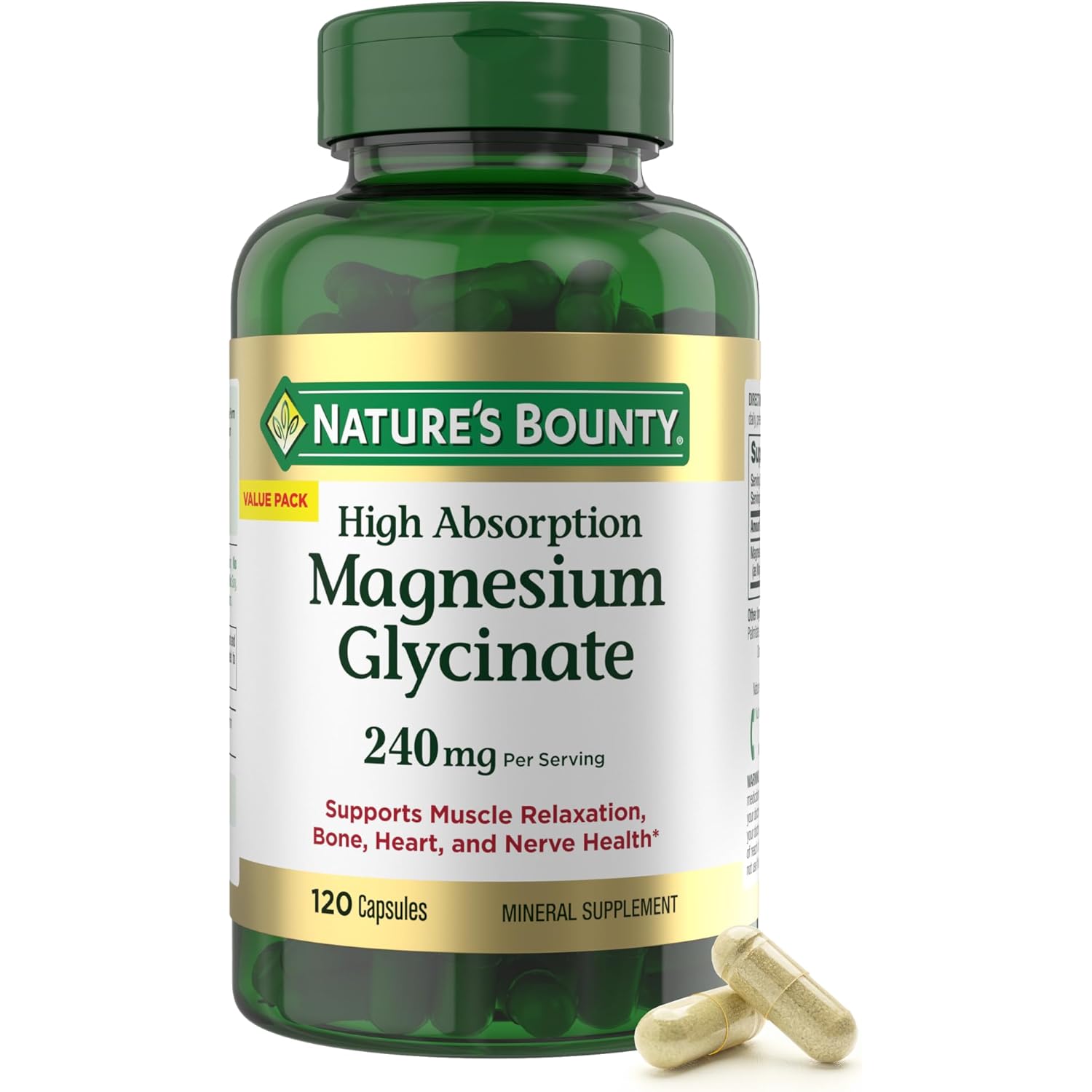Nature’s Bounty High Absorption Magnesium Glycinate 240 mg for Supporting Muscle Relaxation and Bone, Heart & Nerve Health – Non-GMO, Gluten-Free, Vegetarian, 120 Count/60 Servings