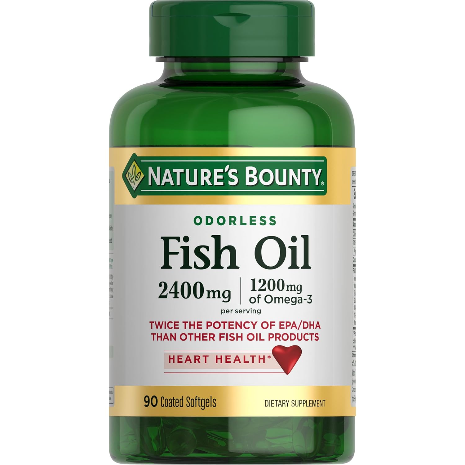 Nature's Bounty Odorless Fish Oil, 1200mg Omega-3 per Serving Including EPA & DHA, Supports Heart Health, Purified to Eliminate Mercury, Coated Softgels, Gluten Free, No Shellfish, 90 Ct
