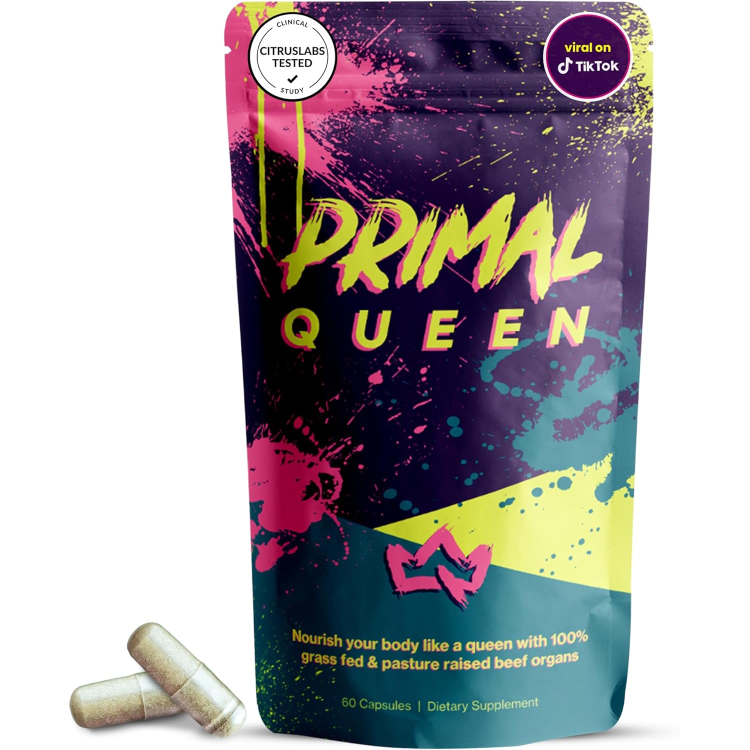Primal Queen Female-Optimized Beef Organ Superfood Supplement (Beef Liver, Kidney, Heart, & 3 More) - 100% Grass Fed, Pasture Raised - 3rd Party & Clinically Tested