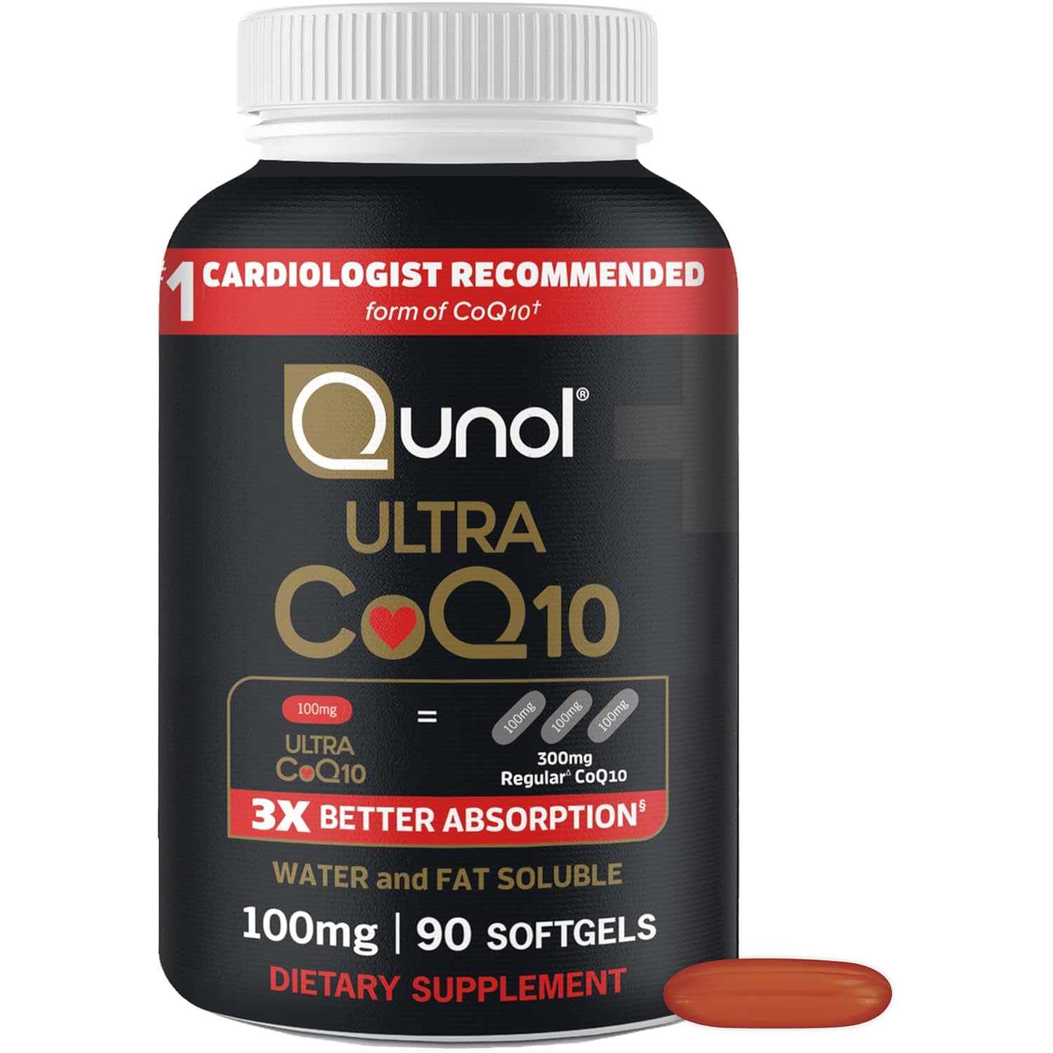 Qunol Ultra CoQ10 100mg Softgels- 3x Better Absorption, Antioxidant for Heart Health & Energy Production, Coenzyme Q10 Vitamins and Supplements, 3 Month Supply, 90 Count