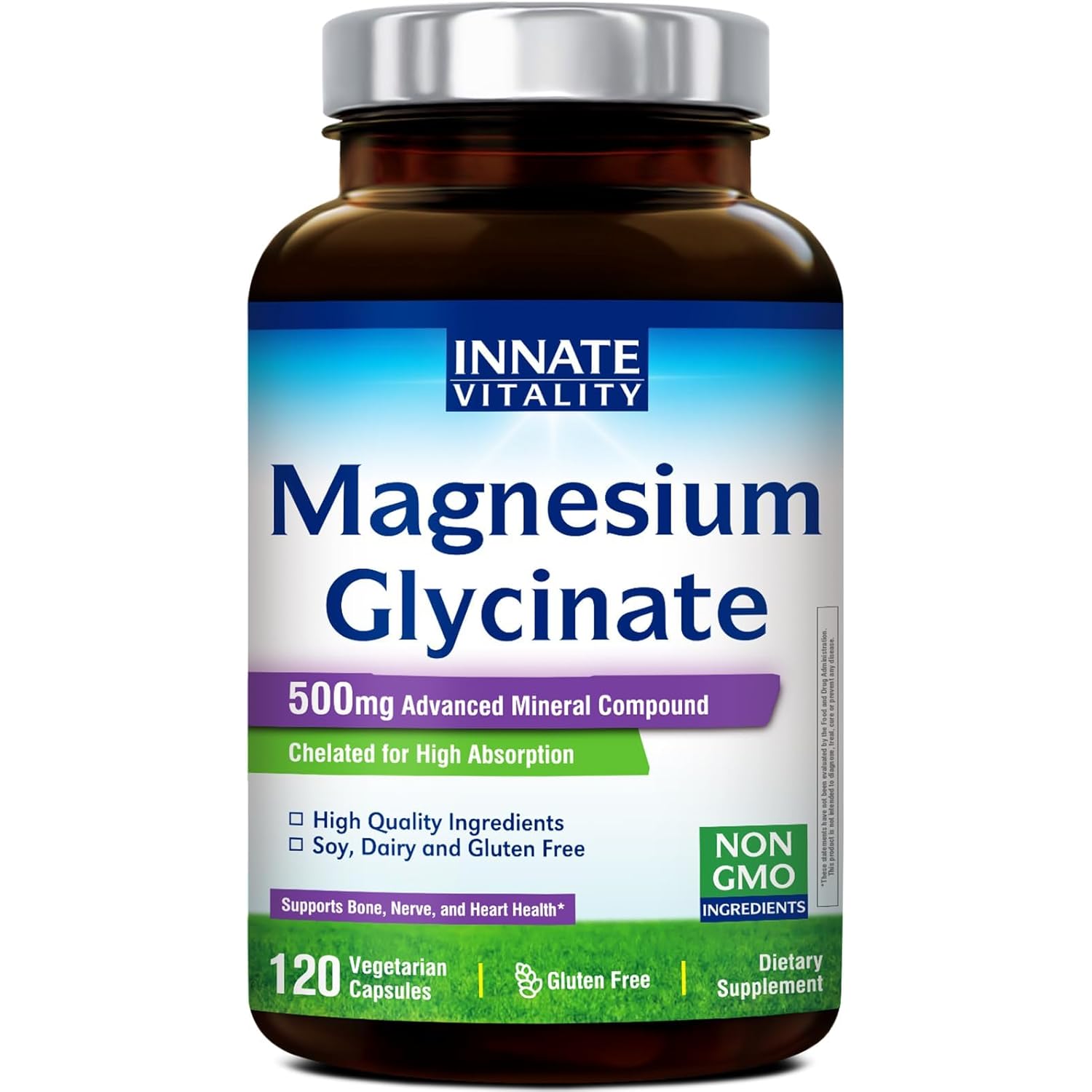Innate Vitality Magnesium Glycinate 500mg | 70mg Elemental Magnesium Supplement - High Absorption, Non Buffered, Non-GMO & No Gluten - Vegan - Nerve Health - 120 Capsules (Pack of 1)
