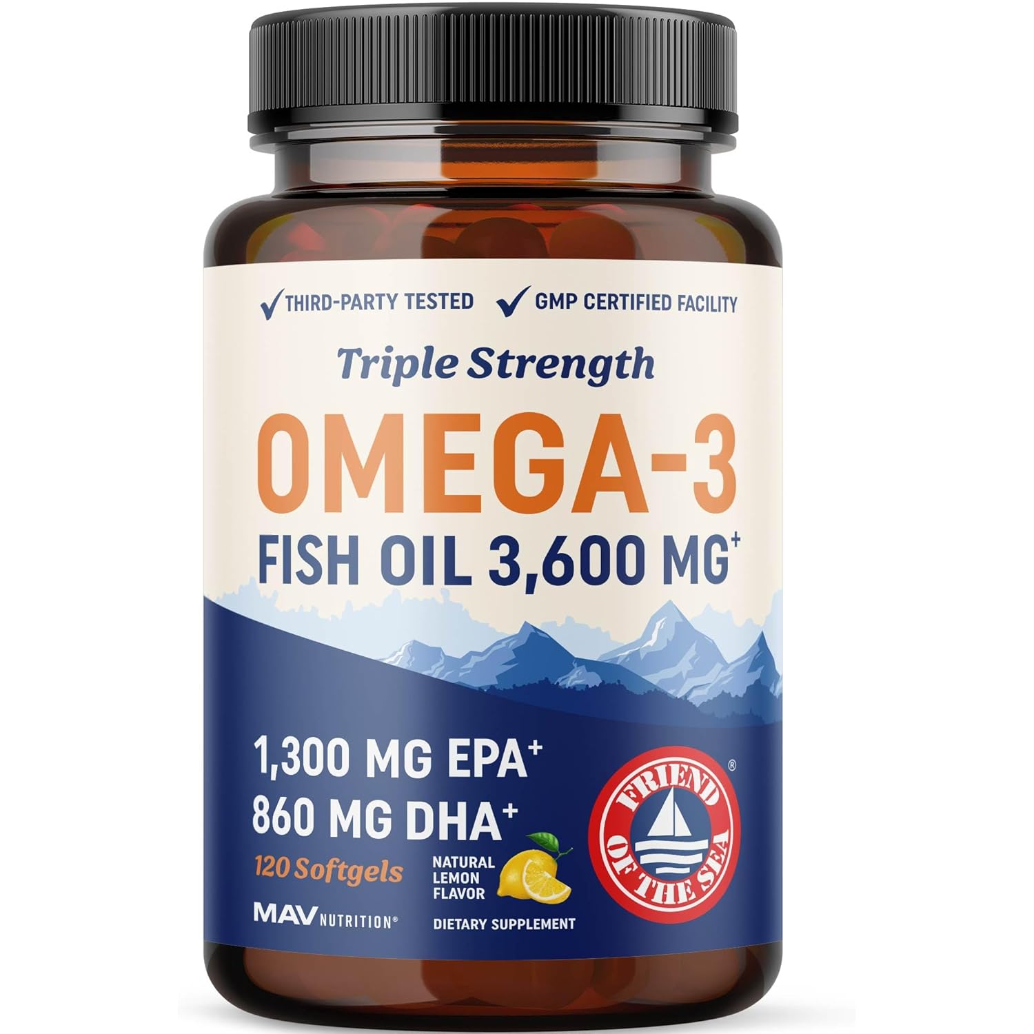 Triple Strength DHA Omega 3 Fish Oil 3600 mg | Over 2100mg Omega-3 Fatty Acids with 860mg of DHA | 1300mg EPA | Best Essential Fatty Acids | Premium Wild Caught & Burpless Fish Oil | 120 ct.