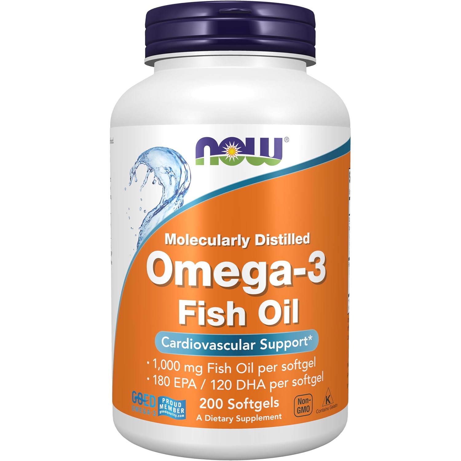 NOW Foods Supplements, Omega-3 180 EPA / 120 DHA, Molecularly Distilled, Cardiovascular Support*, 200 Softgels