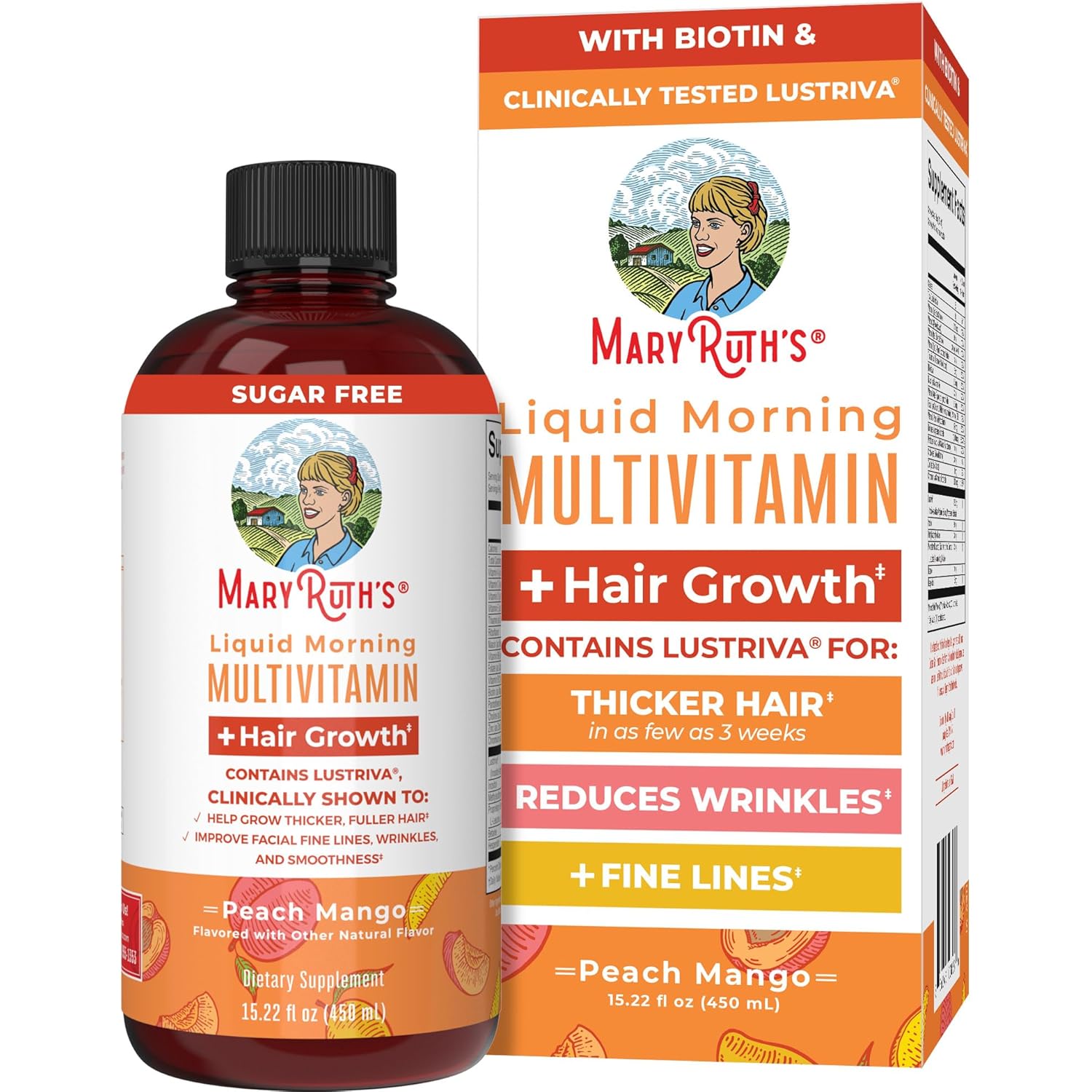 MaryRuth Organics Liquid Multivitamin+Hair Growth | Biotin 10000mcg | Lustriva Hair Growth Supplement | Clinically Tested in Women for Thicker Hair&Facial Wrinkle | Skin Care | Ages 18+ | 15.22 Fl Oz
