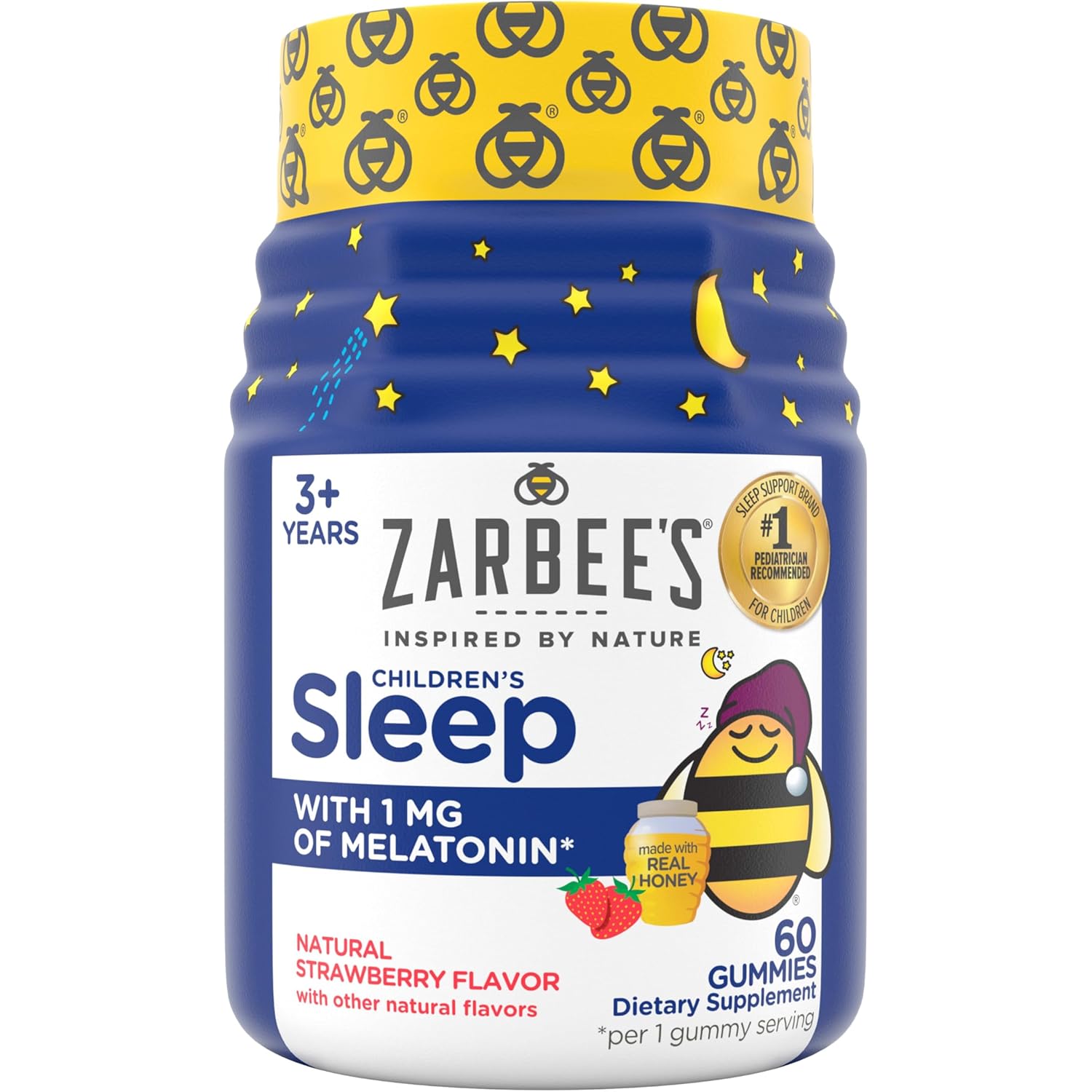 Zarbee's Kids Melatonin Gummies with 1mg Melatonin, Kids Sleep Gummy Works with Natural Sleep Cycles to Promote Peaceful Sleep, Drug-Free, Non-Habit-Forming, Natural Strawberry, 60 ct