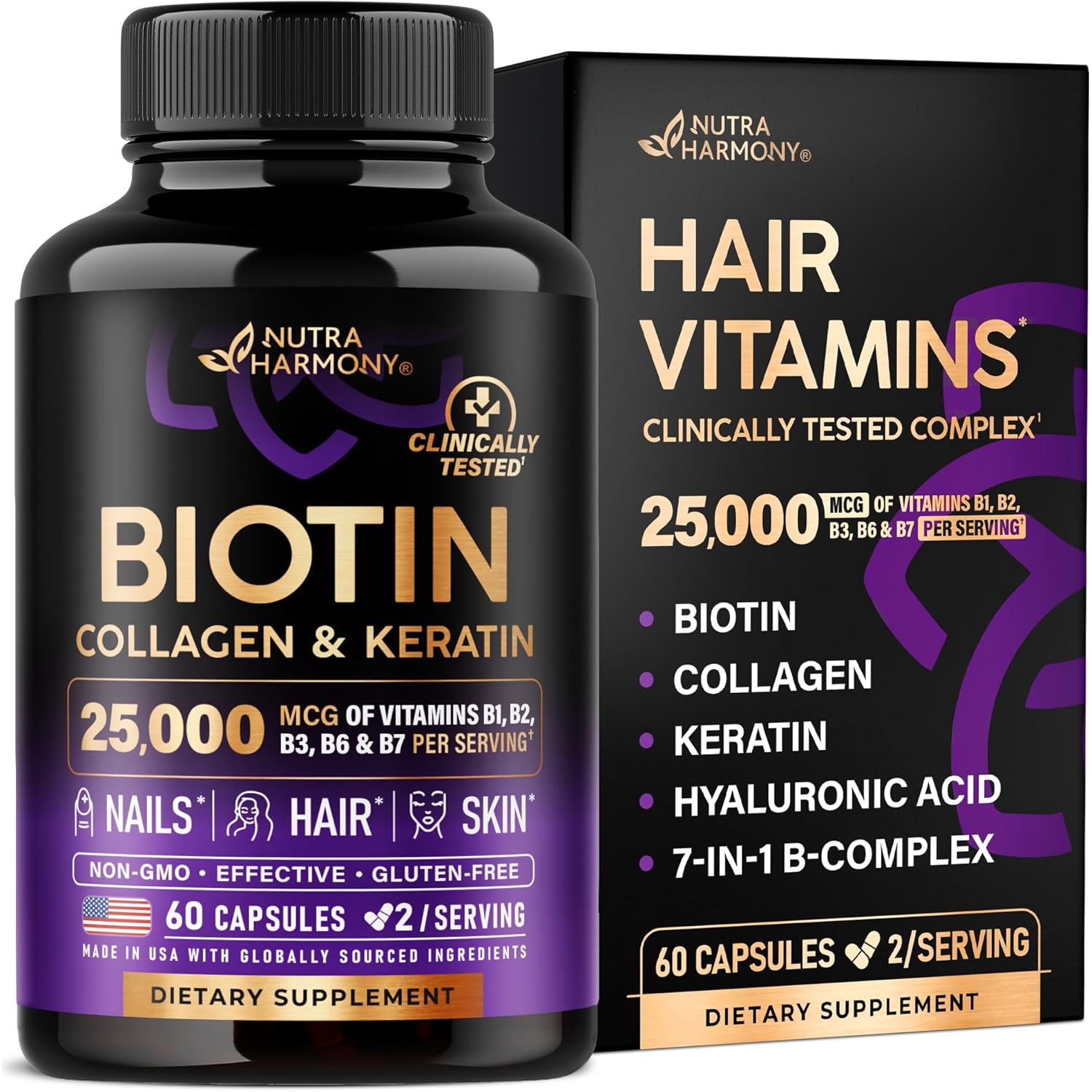 Biotin | Collagen | Hyaluronic Acid | Keratin - Clinically Tested Supplement** - Hair Growth Support, Skin & Nails - 25000mcg Vitamins B1, B2, B3, B6 & B7 - for Women & Men - Made in USA | 60 Capsules
