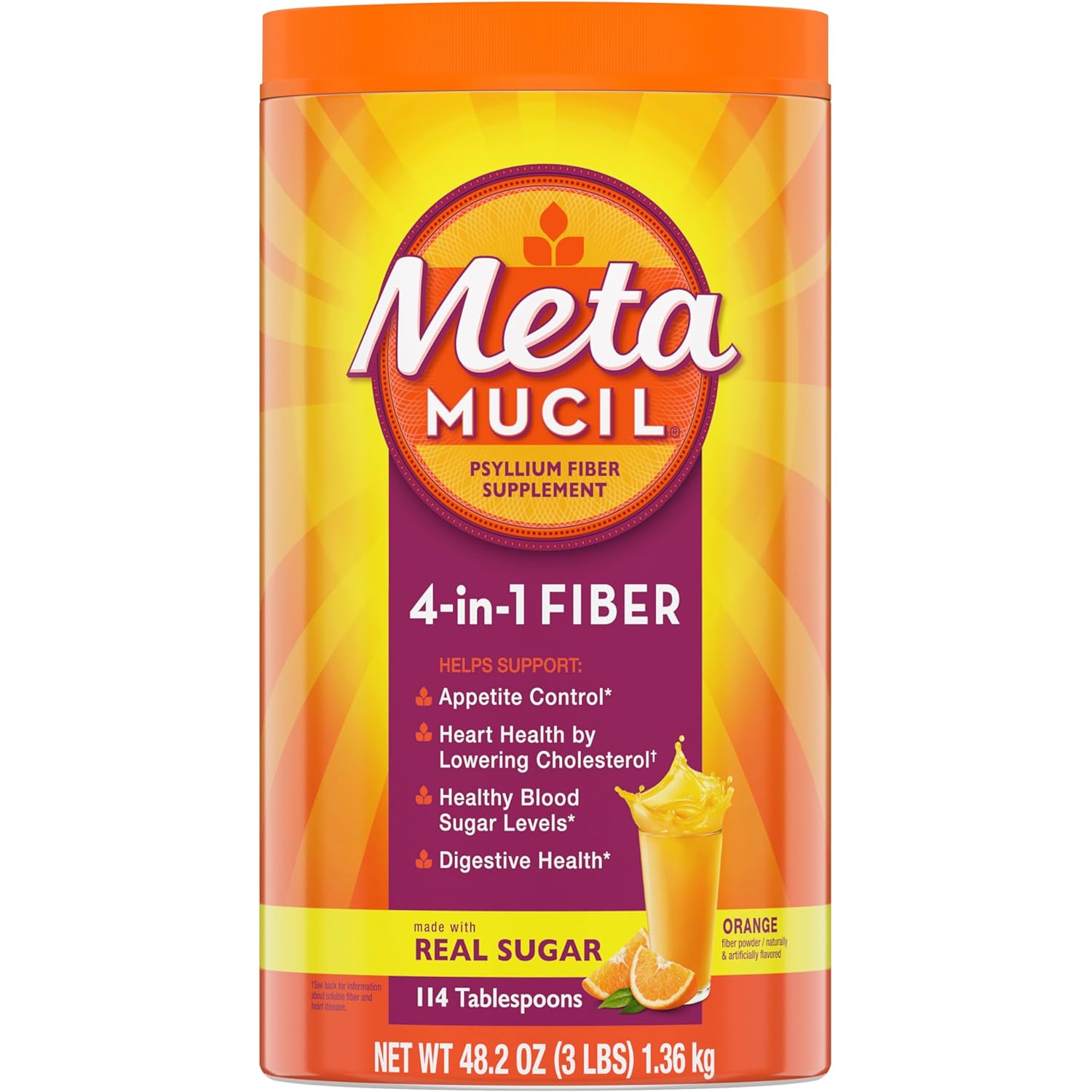 Metamucil 4-in-1 Psyllium Husk Fiber Supplement, Real Sugar, 114 tablespoons, Orange Flavored, Daily Fiber Powder for Digestive Health, made with Plant-Based Psyllium Husk Fiber