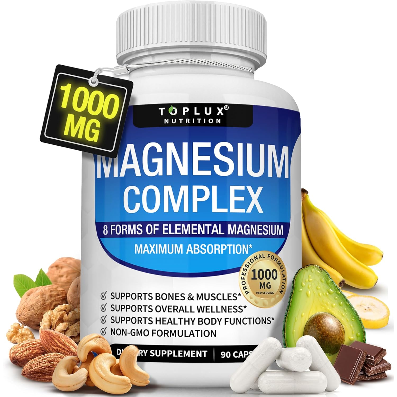Magnesium Complex Supplement 8 Elemental 1000mg - Magnesium Glycinate, Citrate, Malate, Taurate, Chelated for Easy Absorption for Bones, Muscle, Recovery, Energy, Vegan Non-GMO 90 Capsules