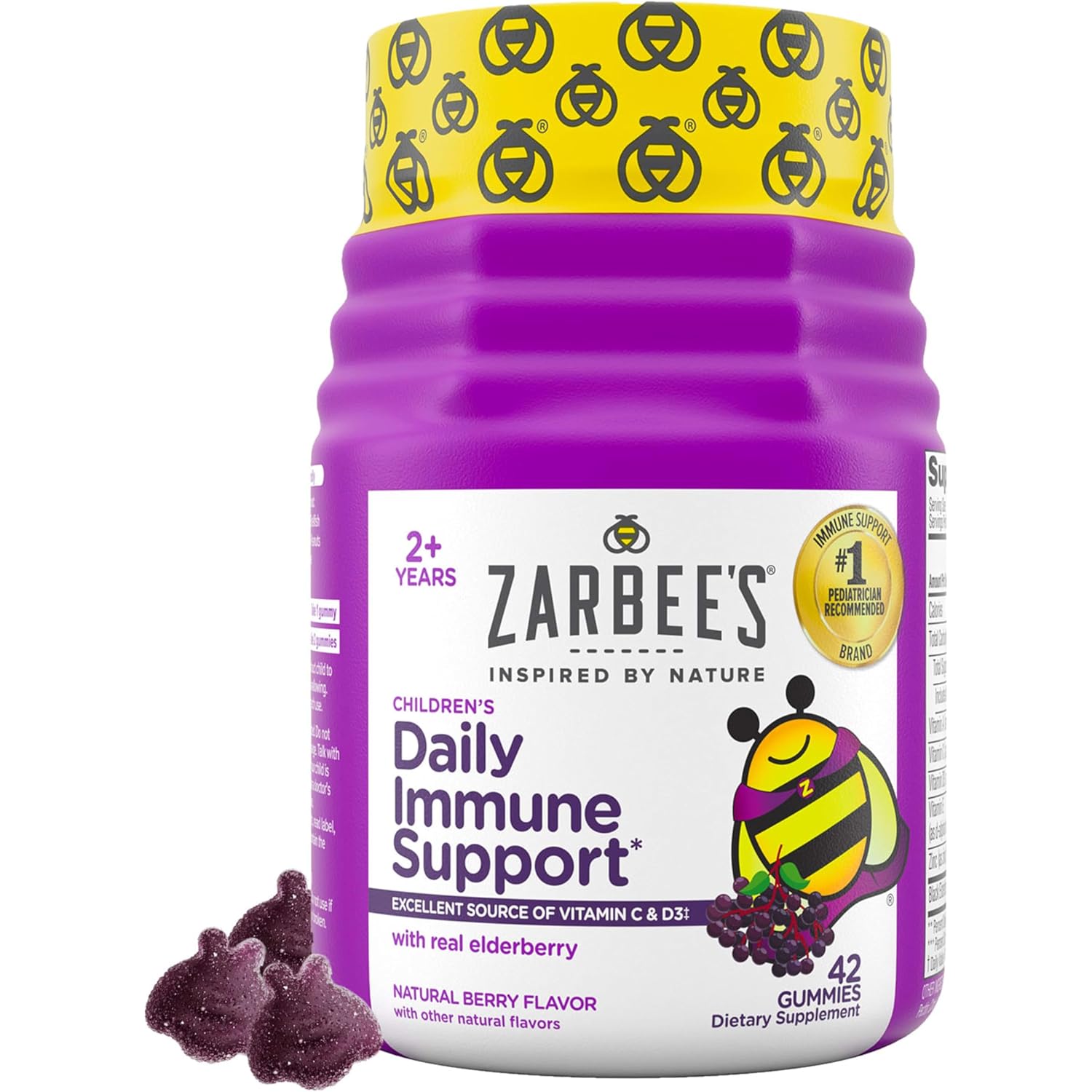 Zarbee’s Kids Elderberry Immune Support Supplement Gummies, Vitamins A C D3 E & Zinc, Elderberry Extract, Gluten & Gelatin Free, No Artificial Flavors, Natural Berry Flavor, Ages 2+, 42 Ct