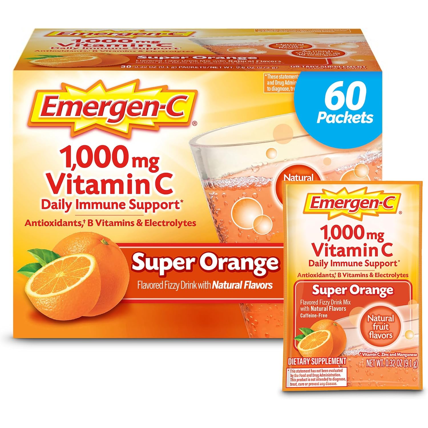 Emergen-C 1000mg Vitamin C Powder for Daily Immune Support Caffeine Free Vitamin C Supplements with Zinc and Manganese, B Vitamins and Electrolytes, Super Orange Flavor - 60 Count/2 Month Supply