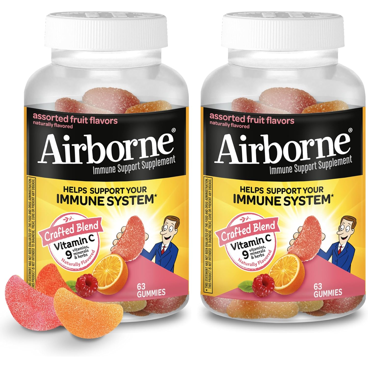 Airborne 750mg Vitamin C Gummies for Adults, Immune Support Gummies with Powerful Antioxidants VIT C & E, Caffeine Free - 2x63ct Bottle (42 Servings), Assorted Fruit Flavor