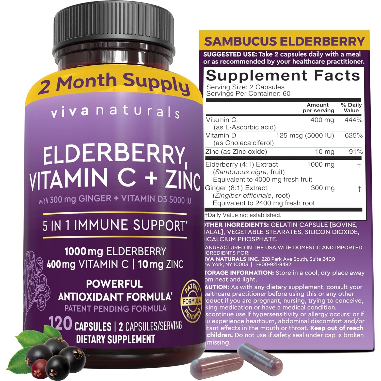 Viva Naturals Elderberry with Vitamin C and Zinc for Adults - 5 in 1 Sambucus Black Elderberry Capsules with Vitamin D3 5000 IU Immunity Supplement, Sambucus Elderberry Immune Support Supplement