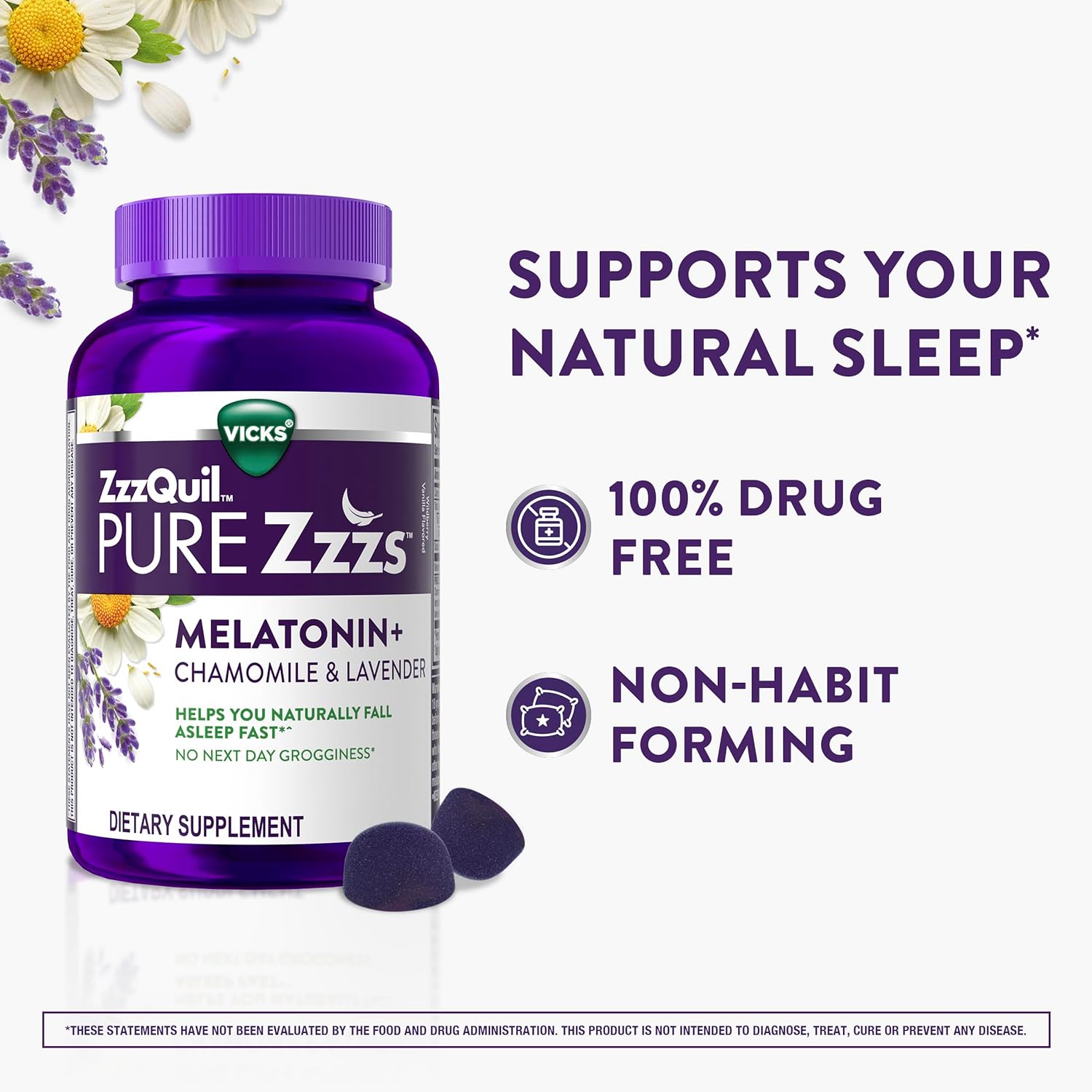 ZzzQuil PURE Zzzs Melatonin Gummies, Sleep Aid, Melatonin 2mg, with Chamomile & Lavender, Melatonin Sleep Gummies, Sleep Aids for Adults, Wildberry Vanilla Flavored, 72 Sleep Gummies - Image 3