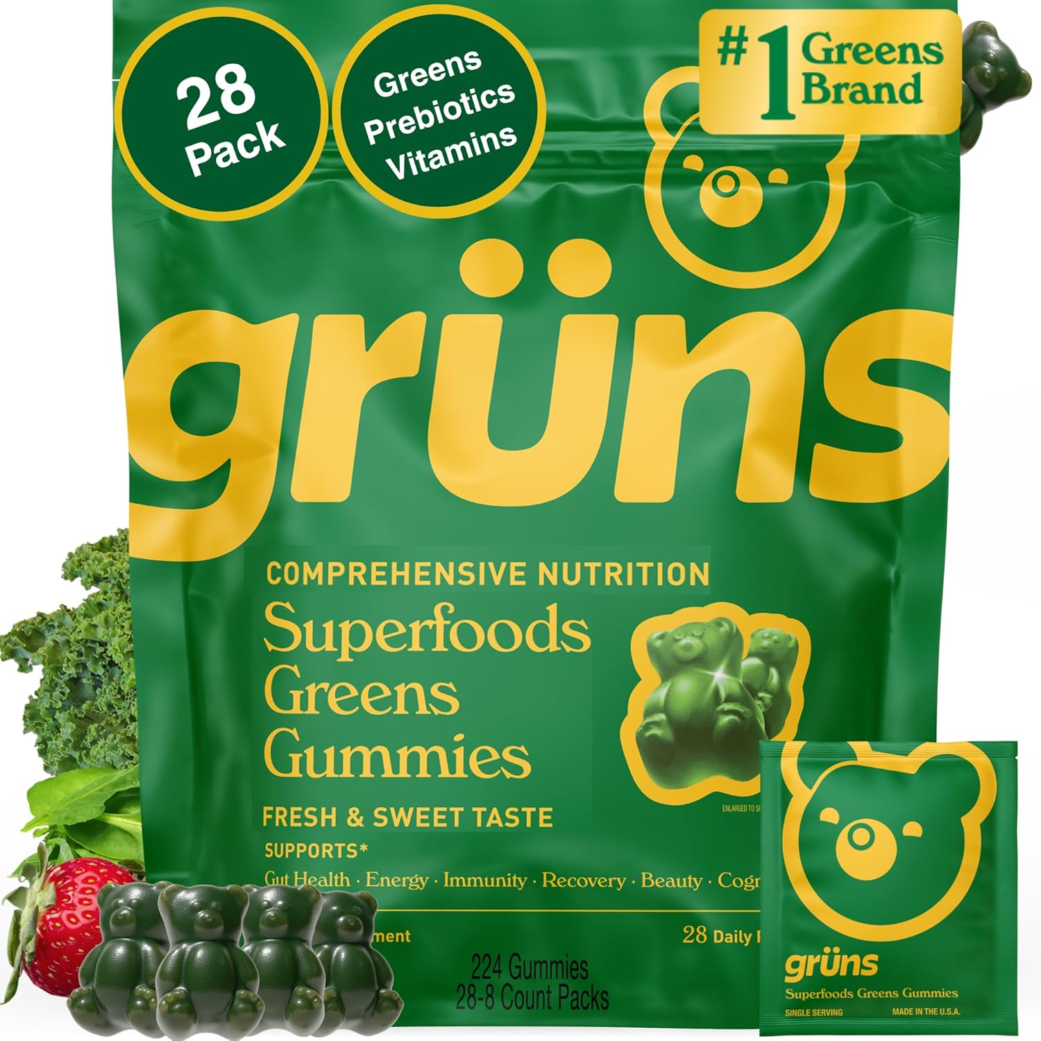 Gruns Adults Super Greens Multivitamin Gummies, Superfood Vitamin Gummy Bears with Spirulina, Chlorella, Prebiotic Fiber for Digestive Health, Adaptogens Supplement, 20 Vitamins & Minerals, 28 Count
