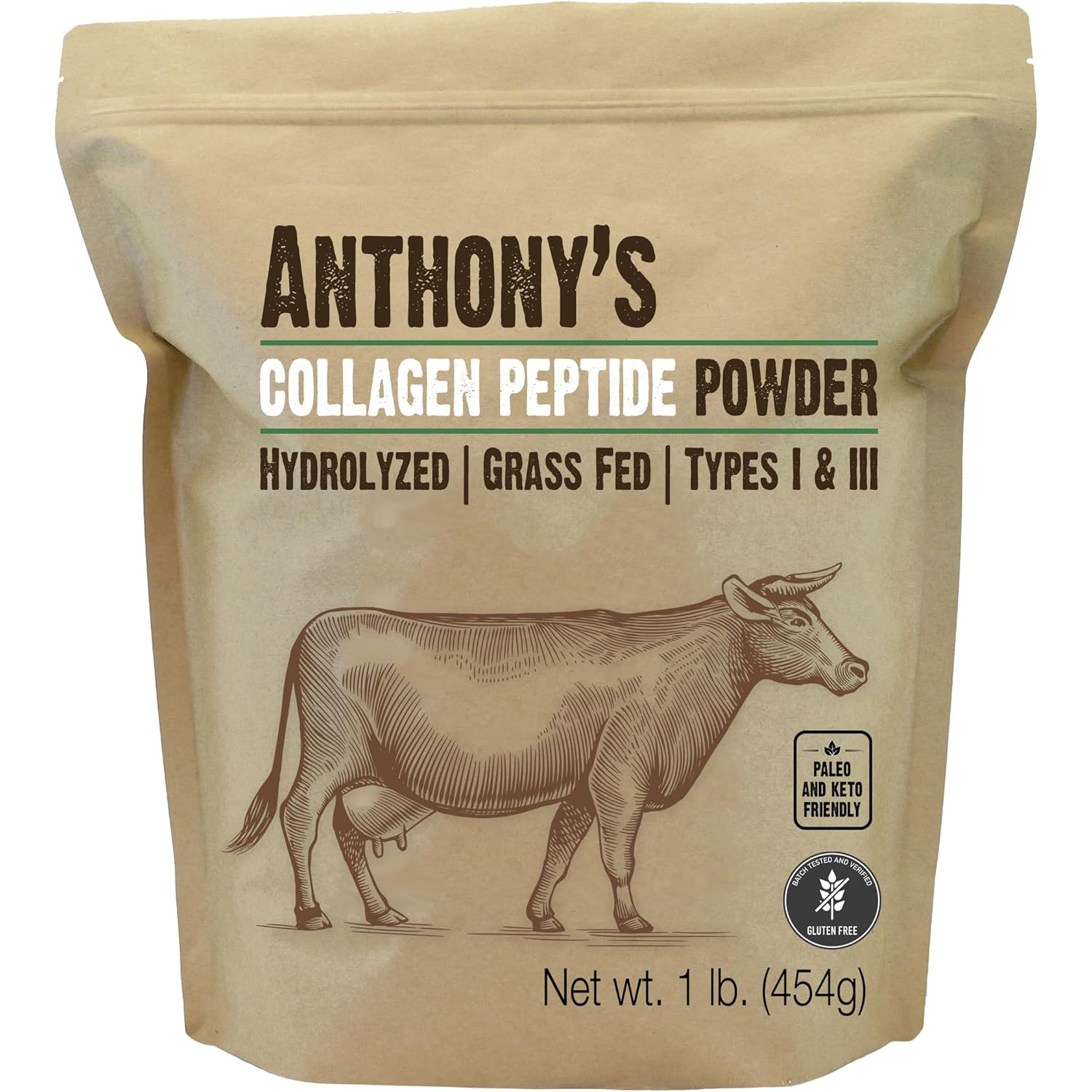 Anthony's Collagen Peptide Powder, 1 lb, Pure Hydrolyzed, Gluten Free, Keto and Paleo Friendly, Grass Fed, Unflavored, Non GMO