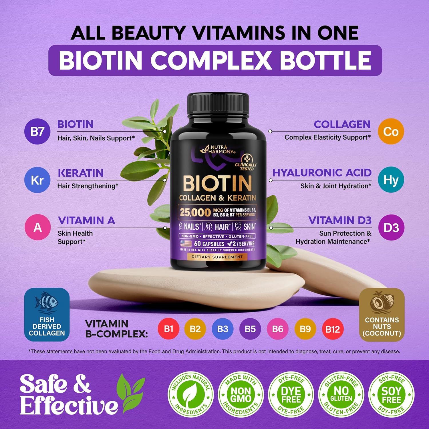 Biotin | Collagen | Hyaluronic Acid | Keratin - Clinically Tested Supplement** - Hair Growth Support, Skin & Nails - 25000mcg Vitamins B1, B2, B3, B6 & B7 - for Women & Men - Made in USA | 60 Capsules - Image 5
