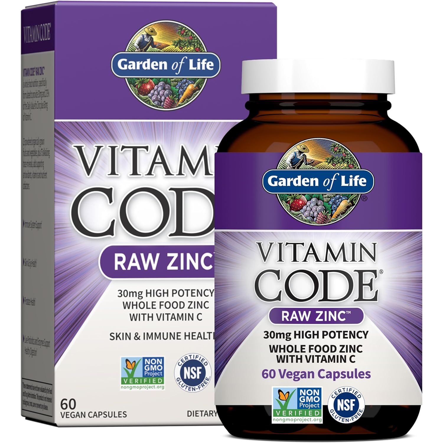 Garden of Life Vitamin Code Raw Zinc Supplement 30mg with Vitamin C, Whole Food Supplement for Immune Support, Skin Health, Eye Health and Prostate Health, 60 Vegan Capsules