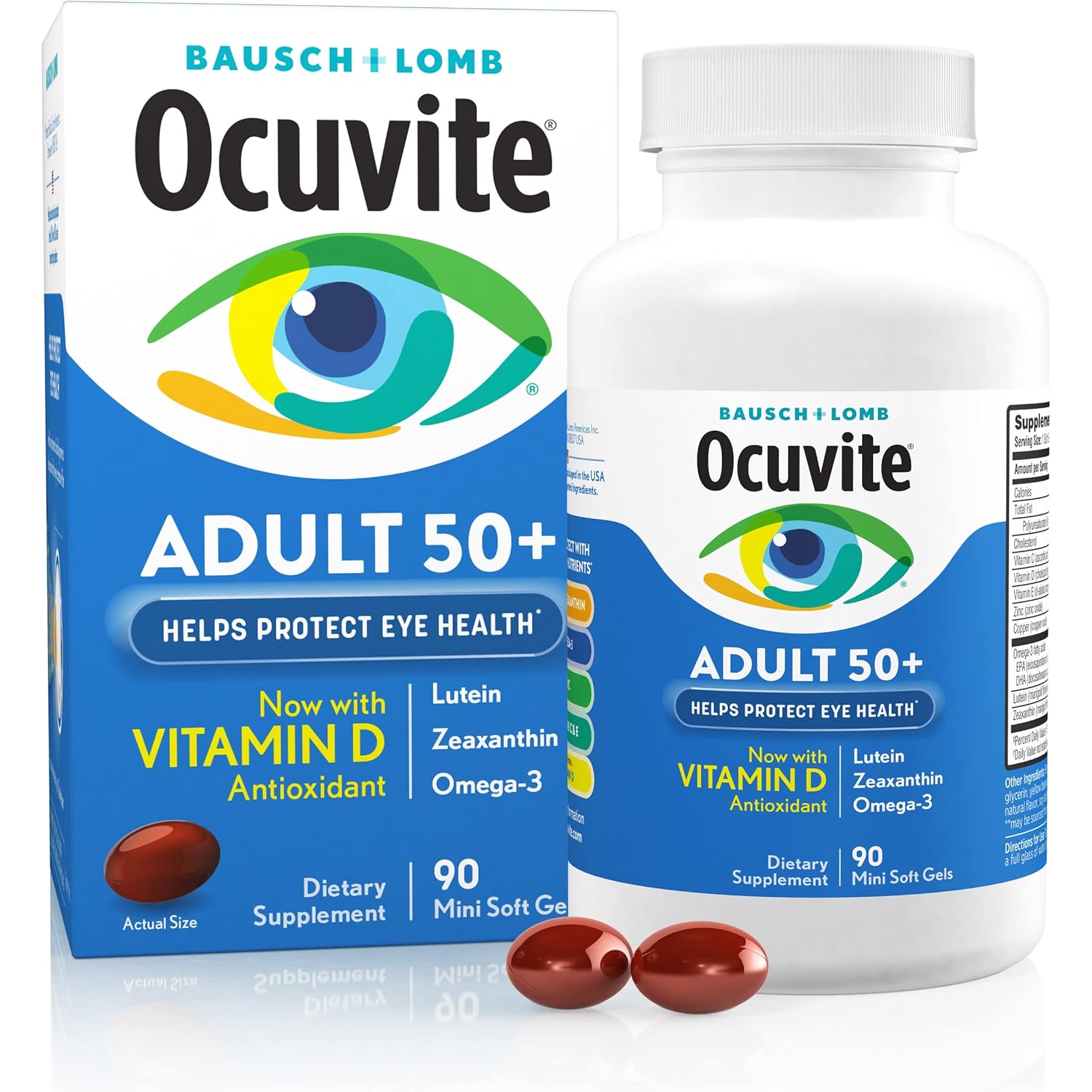Ocuvite 50+ Eye Vitamin & Mineral Supplement, Multivitamin for Vision & Ocular Health with Omega-3, Zinc, Vitamins C & E, Lutein & Zeaxanthin, Zinc Supplements for Women and Men, 90 Softgels