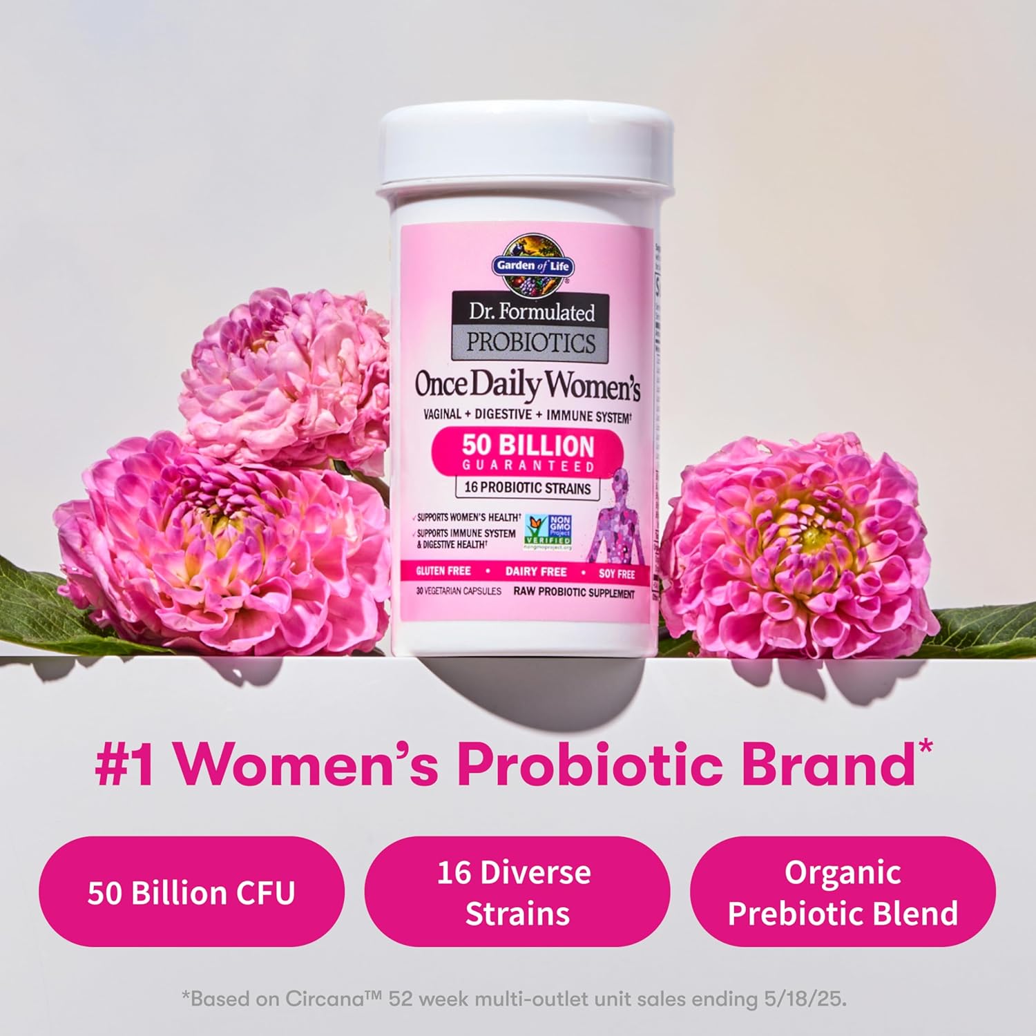 Garden of Life Once Daily Dr. Formulated Probiotics for Women 50 Billion CFU 16 Probiotic Strains with Organic Prebiotics for Digestive, Vaginal & Immune Health, Dairy Free, Shelf Stable 30 Capsules - Image 3