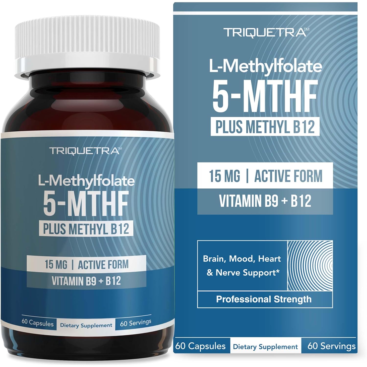 L Methyl Folate 15mg Plus Methyl B12 Cofactor – High Potency, Active 5-MTHF Form - Supports Mood, Methylation, Cognition – Bioactive Forms of Vitamin B9 & B12 (60 Capsules – 60 Servings)