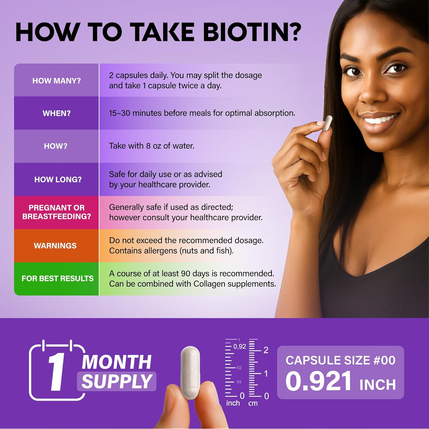 Biotin | Collagen | Hyaluronic Acid | Keratin - Clinically Tested Supplement** - Hair Growth Support, Skin & Nails - 25000mcg Vitamins B1, B2, B3, B6 & B7 - for Women & Men - Made in USA | 60 Capsules - Image 6